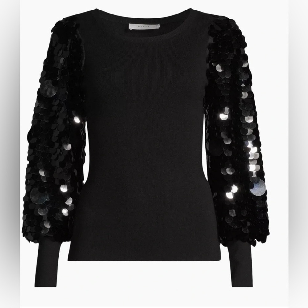 Milly Pailette Black Sequin Sleeve Sweater, Small